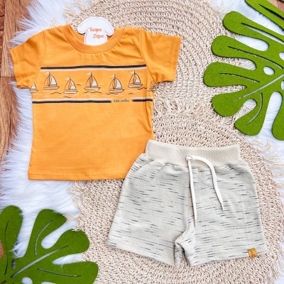 Conj. Camiseta Little Sailor e Bermuda - Laranja e Areia